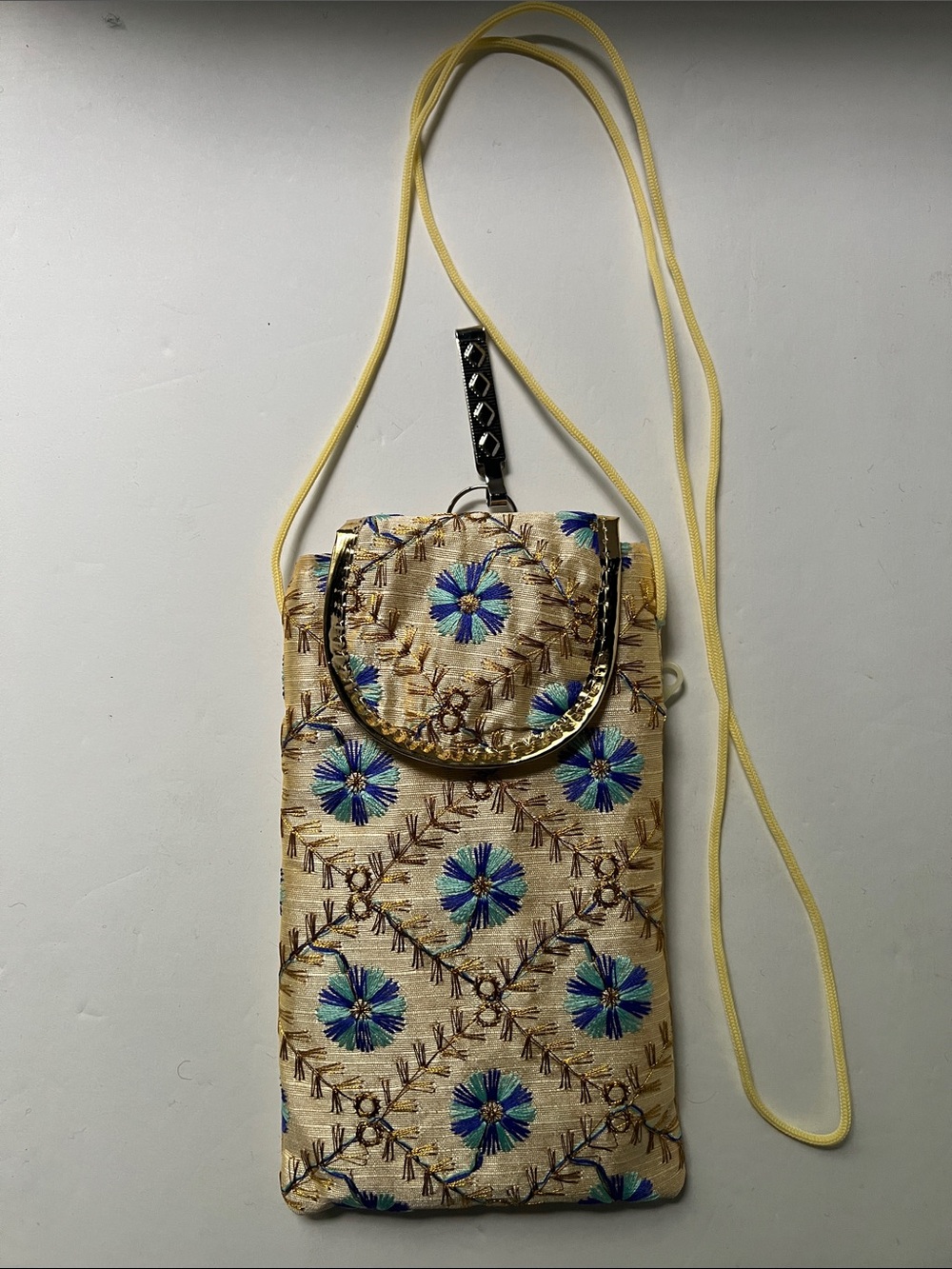 Mini Embroidered Cream Crossbody Phone Bag with Blue Floral Motif